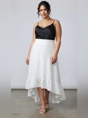 White Satin Ruffled Satin Ruffled Hem A Line Skirt Hi Low 4X